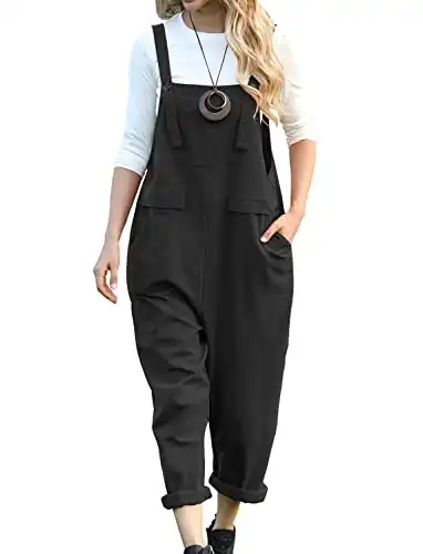 YESNO Women Long Casual Loose Bib Pants Overalls Baggy Rompers Jumpsuits with Pockets PV9 (L PV9 Black)
