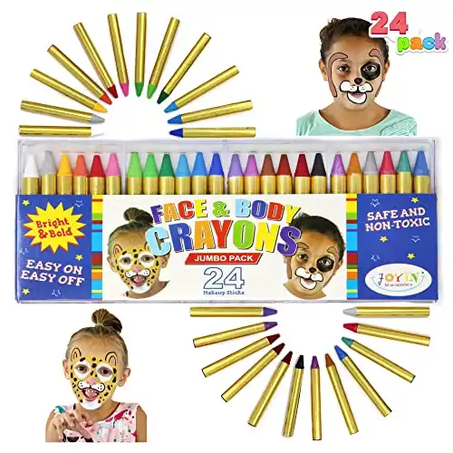 JOYIN 24 Colors Face Paint Safe & Non-Toxic Face and Body Crayons (Large Size 3 inch) Ultimate Party Pack Including 6 Metallic Colors for Birthday Christmas Toy Halloween Makeup Party Suppiles
