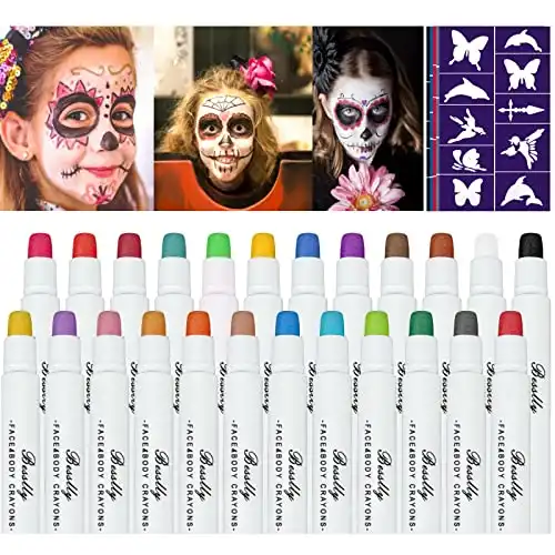 Face Painting Kits for Kids with 50 Stencils, 24Colors Washable Halloween Cosplay Makeup Body Paint Crayons Markers Professional Face Paint Sticks for Kids&Adult Clown Makeup Festival Birthday Par...