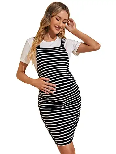 Verdusa Women's Maternity Casual Striped Sleeveless Pinafore Overall Dress