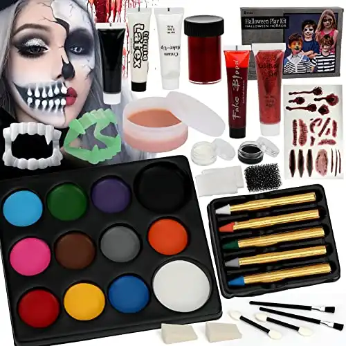 Halloween Makeup - Halloween Family Face Painting Kit Face Body Paint for Adult and Kids, All in 1 Halloween Makeup Set Face Paint with Fake Blood for Halloween Party Supplies