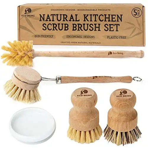 Eco Being Natural Bubble up Dish Brush Set with Soap Dispenser. Bamboo Dish Brush Set with Strong, Plastic Free Scrubber Brushes & Wooden Handles ~ 5 Piece Kitchen Set Makes Cleaning Dishes Easy.